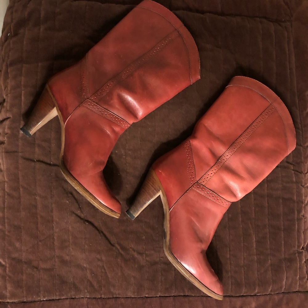 Vintage leather, red, heeled boots. Size 7